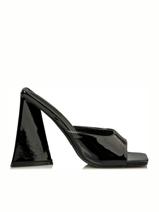 Mules from Patent Leather with Chunky High Heel in Black Color
