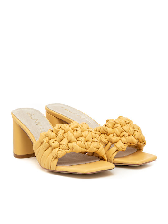 Mules with Chunky Low Heel in Yellow Color