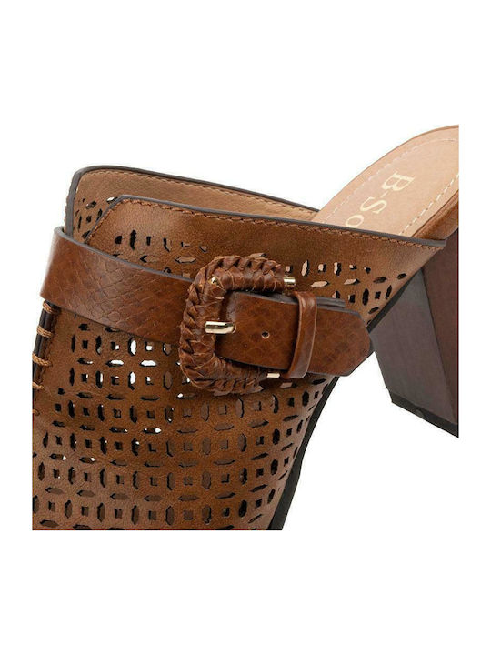 Mules with Chunky High Heel in Brown Color