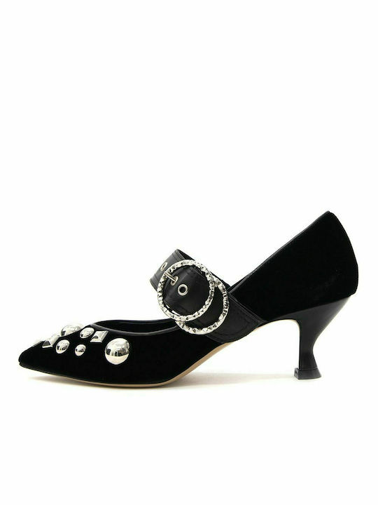 MIVIDA STUDDED SUEDE MID HEEL PUMPS WOMEN BLACK (MVD-1108)