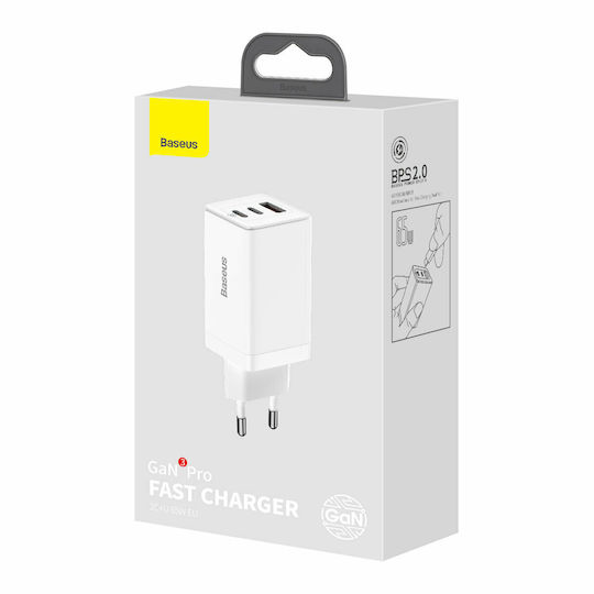Baseus Φορτιστής με Θύρα USB-A και 2 Θύρες USB-C και Καλώδιο USB-C 65W Power Delivery / Quick Charge 3.0 / Quick Charge 4.0 Λευκός (Gan3 Pro)