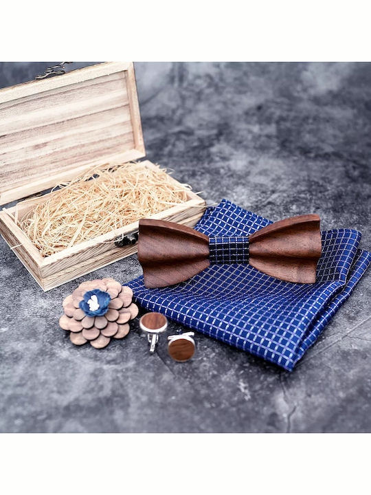 Legend Accessories Wooden Bow Tie Set with Pin, Cufflinks and Pochette Navy Blue