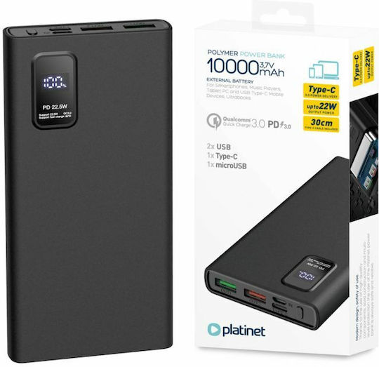 Platinet PL0408 Power Bank 10000mAh 22.5W με 2 Θύρες USB-A και Θύρα USB-C Power Delivery / Quick Charge 3.0 Μαύρο