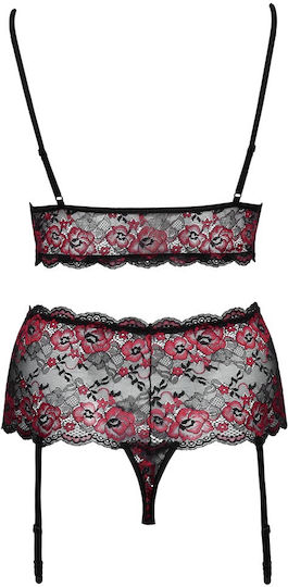 Cottelli Collection Секси комплект сутиен с перли с дантела и жартиери червен