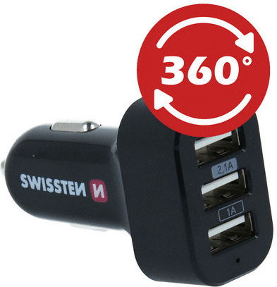 Swissten Auto-Ladegerät 26W 5.2A mit Anschlüssen: 3xUSB Schwarz Farbe