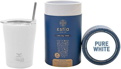 Estia Coffee Mug Save The Aegean Glass Thermos Stainless Steel BPA Free Pure White 350ml with Straw