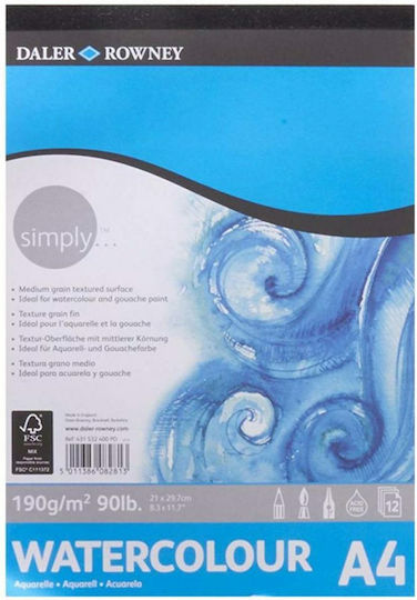 Daler Rowney Μπλοκ Ακουαρέλας Simply Watercolor 190g 12 Φύλλα A4 21x29.7cm 12 Φύλλα