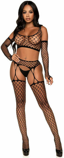 Leg Avenue Crop Top, Stockings & Gloves Sexy Dessous-Set Black D-231360