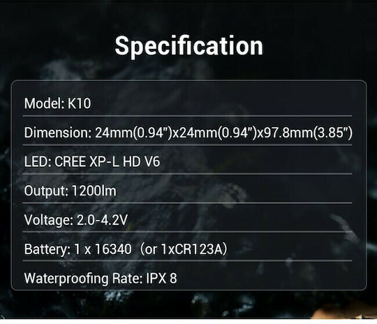 Klarus LED IPX8 с Максимална Яркост 1200лм K10 Green CR123 Зелен