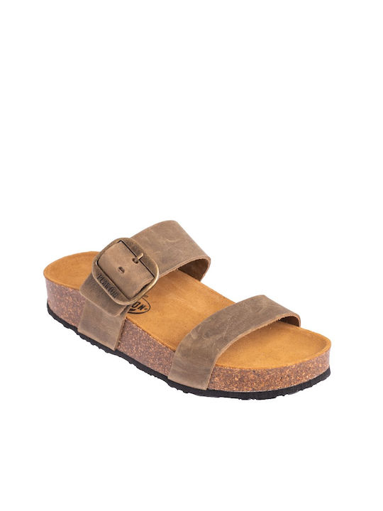 Leather Women's Flat Sandals Anatomic Flatforms in Khaki Color