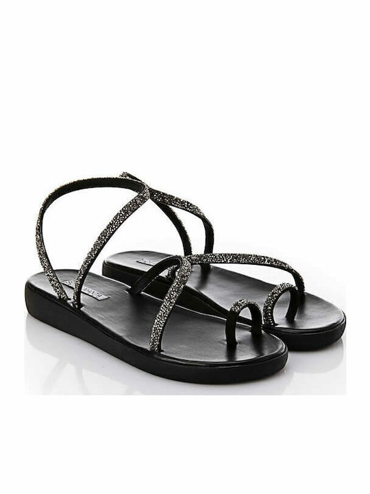 Leder Flache Sandalen für Damen Flatforms Black/Gun