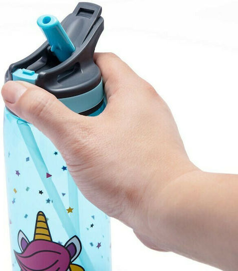 Yolo Kinderflasche Einhorn Kunststoff mit Strohhalm Hellblau 500ml