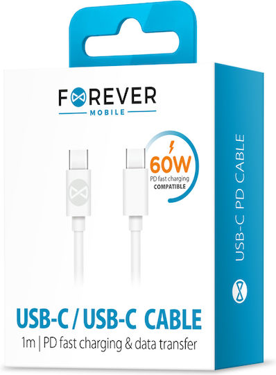 Forever USB 2.0 Cable USB-C male - USB-C 60W PD Λευκό 1m GSM106366