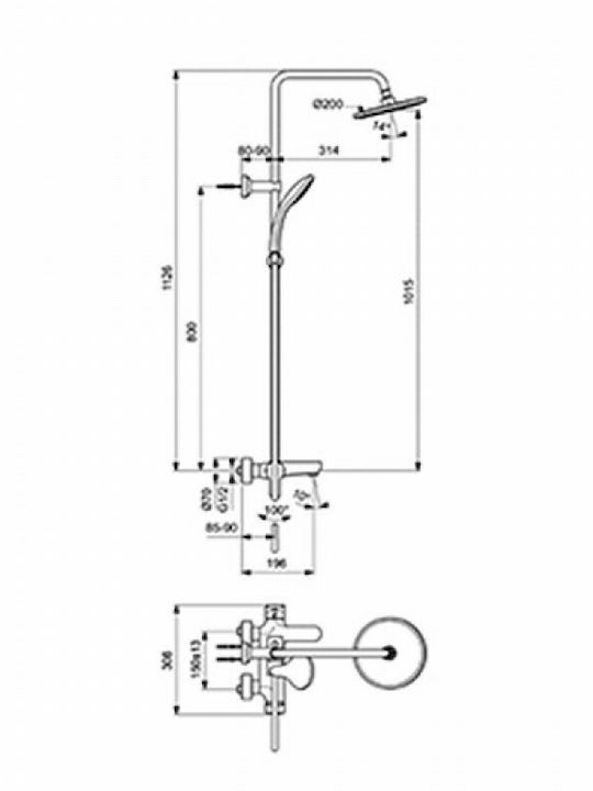 Ideal Standard Cerafine O Στήλη Ντουζ με Μπαταρία 112.6cm Μαύρη