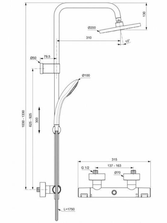 Ideal Standard Ceratherm T25 Ρυθμιζόμενη Στήλη Ντουζ με Μπαταρία 103-133cm Μαύρη
