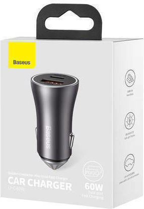 Baseus Golden Contactor Car Charger 60W with Ports: 1xUSB 1xType-C Gray Color