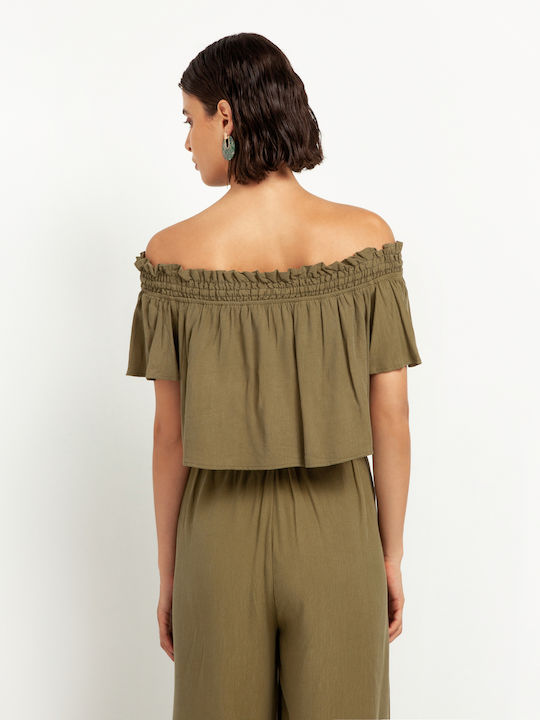 Toi&Moi Damen Sommer Crop Top Schulterfrei Kurzarm Khaki