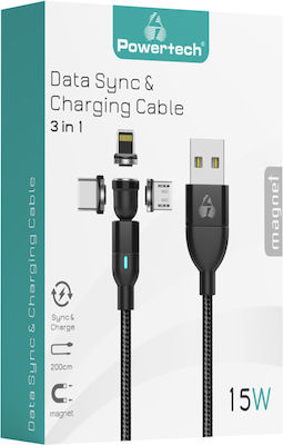 Powertech Magnetic USB to micro USB / Type-C / Lightning Cable Μαύρο 1m (PTR-0103)