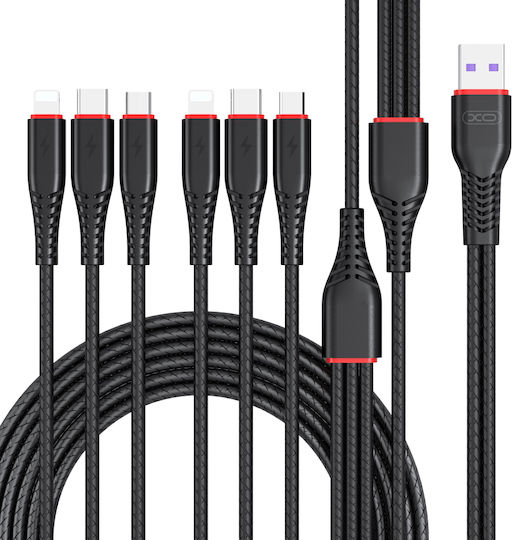 XO NB196 Regular Cablu USB la Lightning / Type-C / micro USB cu mai multe porturi 3.5A Negru 2m (XO-NB196)