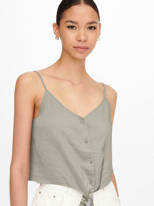 Damen Sommer Crop Top Leinen mit Trägern & V-Ausschnitt Silber
