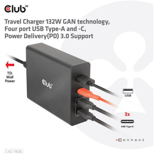 Club3D Suport de Încărcare cu Port USB-A și 3 Porturi USB-C 132W Livrarea energiei în culoarea Negru (CAC-1906)