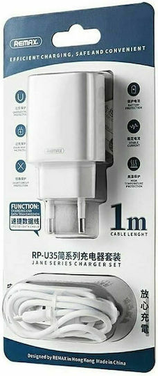 Remax Charger with 2 USB-A Ports and Cable USB-C Whites (RP-U35)