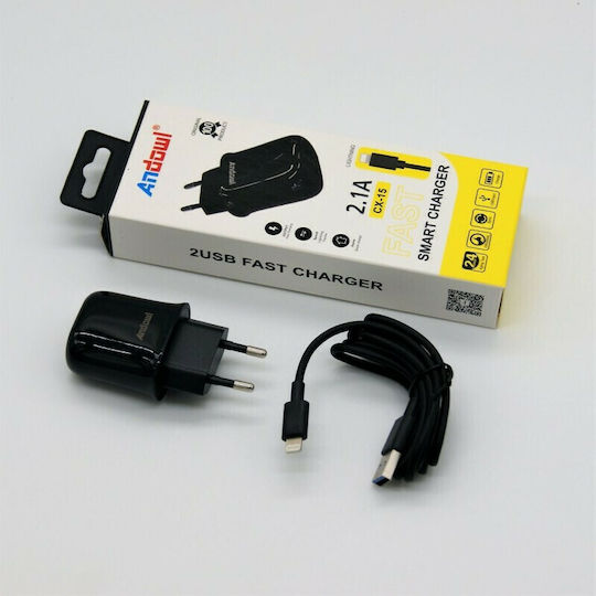 Andowl Φορτιστής με 2 Θύρες USB-A και Καλώδιο Lightning Μαύρος (CX-15)