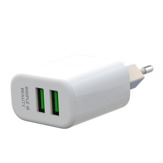 XO Φορτιστής με 2 Θύρες USB-A και Καλώδιο micro USB Λευκός (L85C)