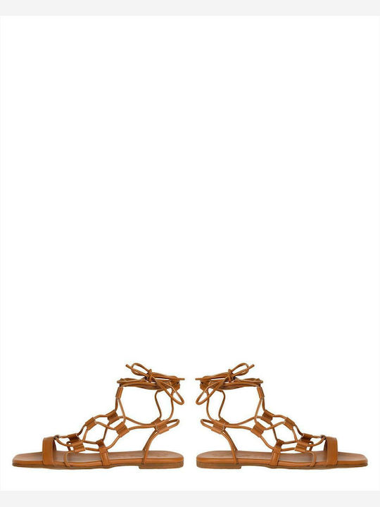 Leather Women's Flat Sandals in Tabac Brown Color