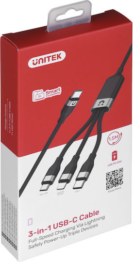 Unitek Braided Cablu USB la Lightning / Type-C / micro USB cu mai multe porturi 5A Negru 1.5m (C14101BK)