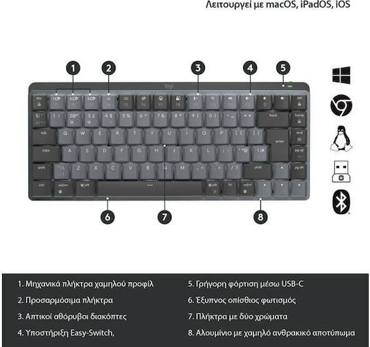 Logitech MX Mechanical Mini Silent Ασύρματο Bluetooth Πληκτρολόγιο Αγγλικό US Γκρι