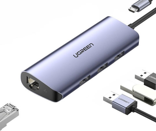 Ugreen CM252 3 Port USB 3.0 Hub with USB-A Connection Ethernet Gray