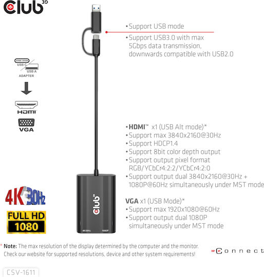 Club3D Μετατροπέας USB-A / mini DisplayPort male σε DVI-D female 1τμχ CSV-1611