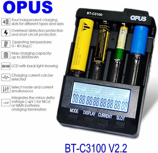 Opus BT-C3100 v2.2 Charger 4 Batteries Li-ion/Ni-Cd/Ni-MH Size AA/AAA/18650/26650