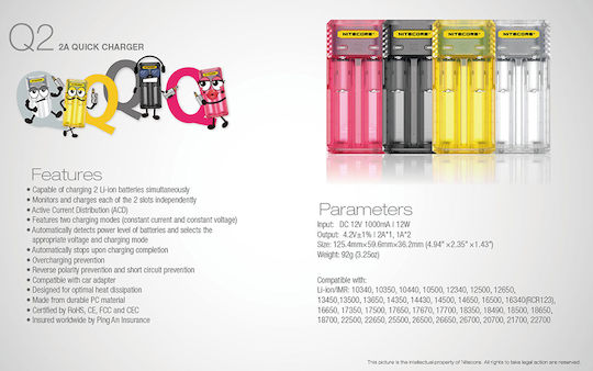 NiteCore Q2 Φορτιστής 2 Μπαταριών Li-ion Μεγέθους 18650 σε Juicy Mango χρώμα