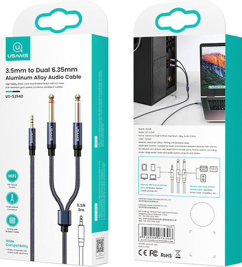 Usams US-SJ540 Kabel 2x 6,3mm Stecker - 3,5 mm Stecker 2m Schwarz (SJ540YP01)