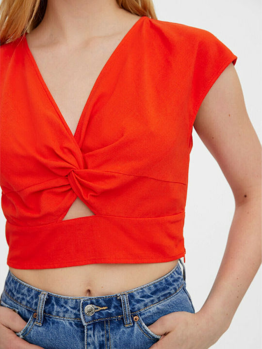 Spicy Women's Summer Blouse Linen Short Sleeve with V Neckline Orange