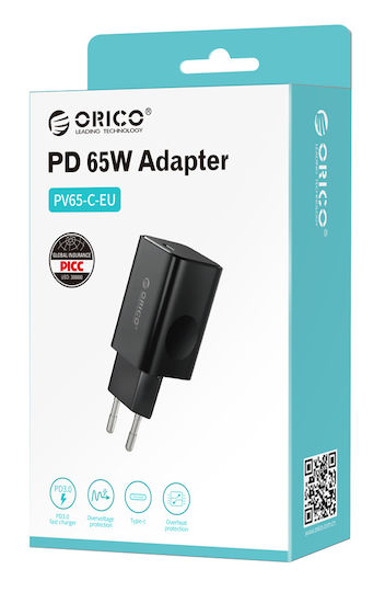 Orico Încărcător Fără Cablu cu Port USB-C 65W Livrarea energiei / Quick Charge 2.0 / Quick Charge 3.0 Negruς (PV65-C)
