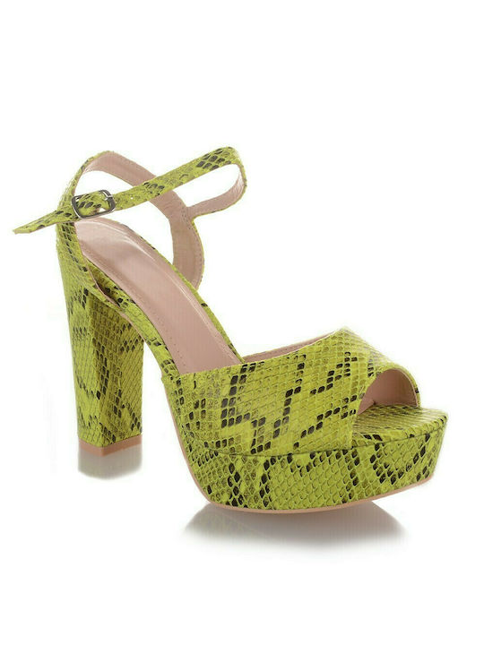 Famous Shoes Δερμάτινα Γυναικεία Πέδιλα με Χοντρό Ψηλό Τακούνι σε Πράσινο Χρώμα