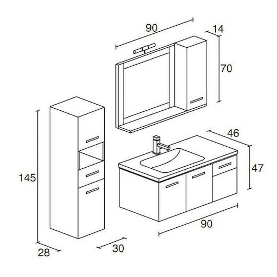 Pro Bagno Νιόβη 627 Πάγκος με Νιπτήρα & Καθρέπτη με Φως Μ90xΒ46xΥ47cm Μπεζ