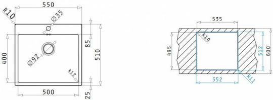 Pyramis Istros 1B Ισόπεδος Νεροχύτης Inox Brushed Μ55xΠ51cm Ασημί