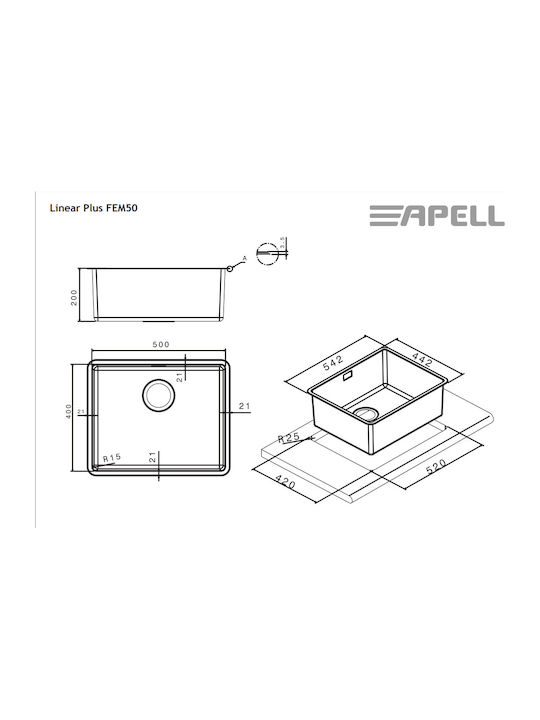 Apell Linear Plus FEM50 FEM50-110 Undermount Sink Inox Satin W52.4xD44.2cm Silver