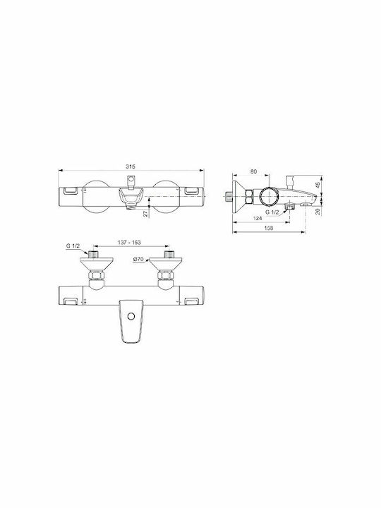 Ideal Standard Ceratherm T25 Μπαταρία Μπανιέρας Θερμοστατική Ασημί