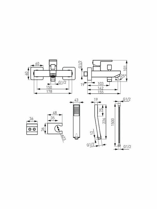 Ferro Zicco Mixing Bathtub Shower Faucet Complete Set Silver