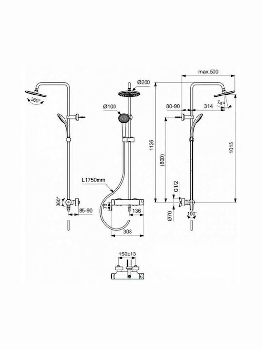 Ideal Standard Cerafine O Στήλη Ντουζ με Μπαταρία 112.6cm Μαύρη