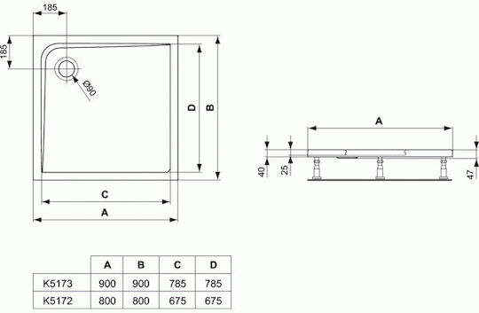 Ideal Standard Square Acrylic Shower White Ultra Flat 80x80x4cm