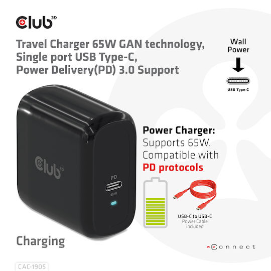 Club3D Φορτιστής Χωρίς Καλώδιο με Θύρα USB-C 65W Power Delivery Μαύρος (CAC-1905EU)