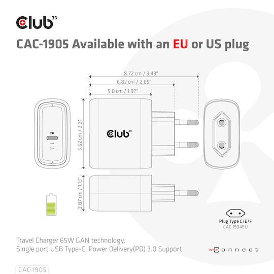 Club3D Φορτιστής Χωρίς Καλώδιο με Θύρα USB-C 65W Power Delivery Μαύρος (CAC-1905EU)