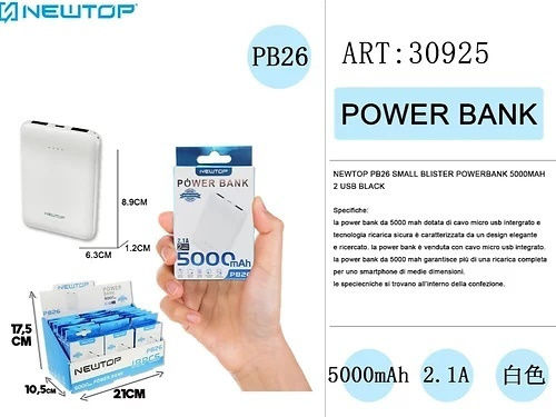Newtop PB26 Power Bank 5000mAh cu 2 Porturi USB-A Alb