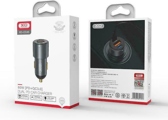 XO CC45 Car Charger 30W 3A Fast Charging with Ports: 1xUSB 2xType-C Black Color